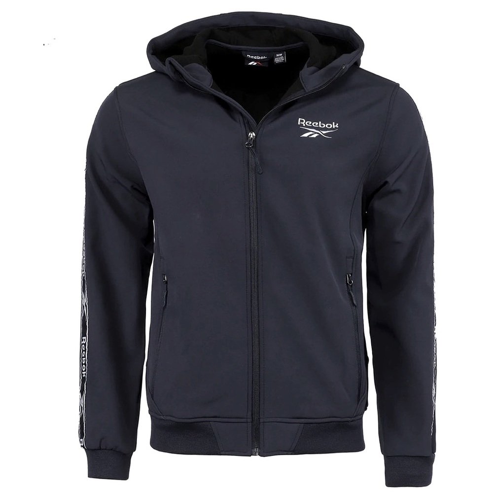 NWT Men’s $130 Reebok Softshell Hooded Jacket Navy Blue White Large